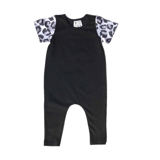 LITTLE WOLFIE - Black Romper with Leopard Sleeves