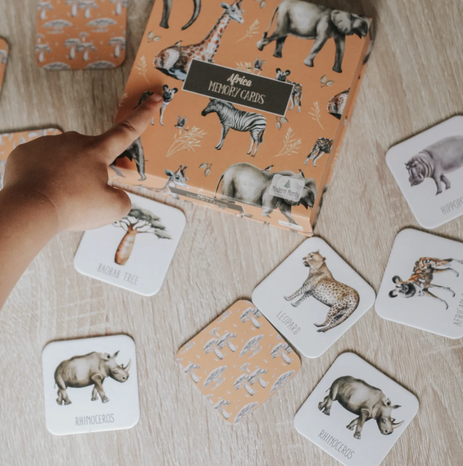 Small child's hand pointing to a box of Africa Memory Cards.