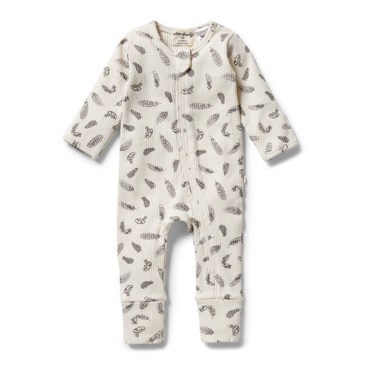 WILSON & FRENCHY - Organic Rib Zipsuit with Feet | Tiny Feather Floral