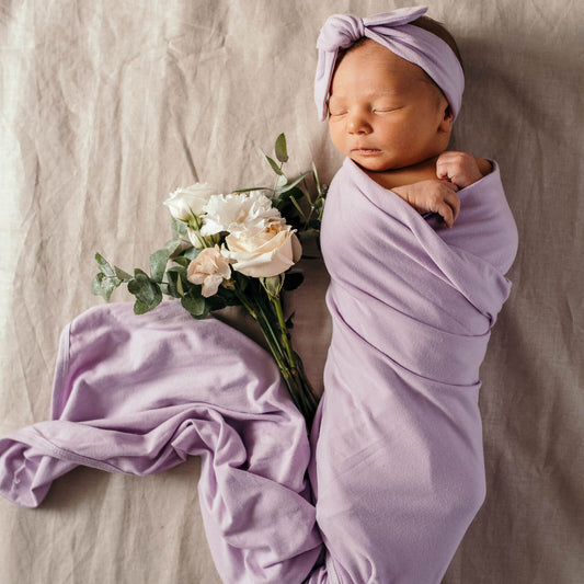 SNUGGLE HUNNY - Baby Jersey Wrap & Topknot Set | Lilac Skies