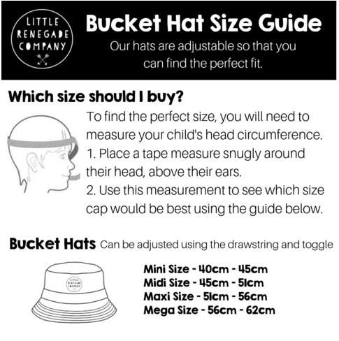 Little Renegade Company bucket hat sizing guide.
