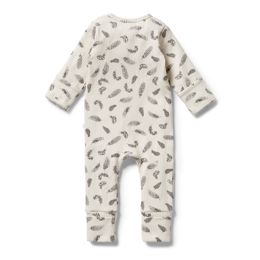 WILSON & FRENCHY - Organic Rib Zipsuit with Feet | Tiny Feather Floral
